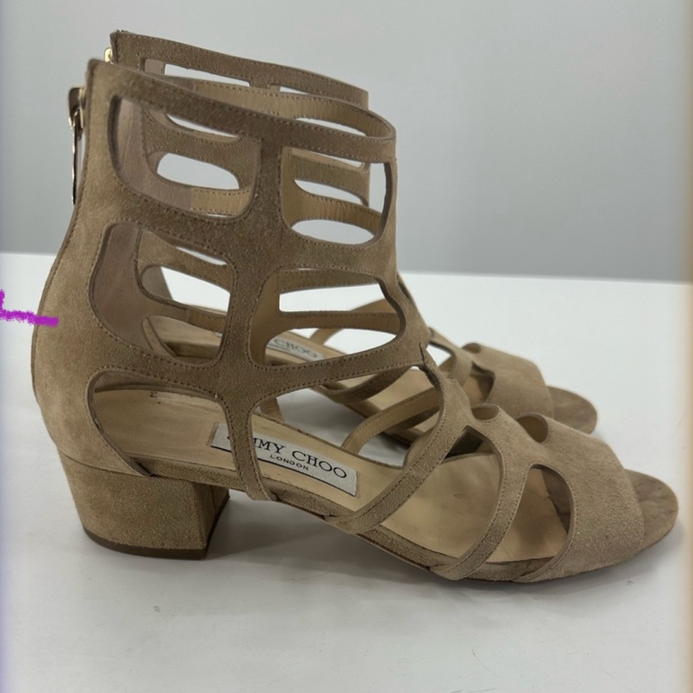 *Jimmy Choo Beige Suede Ren 35 Caged Black Heel Sandals EU 38